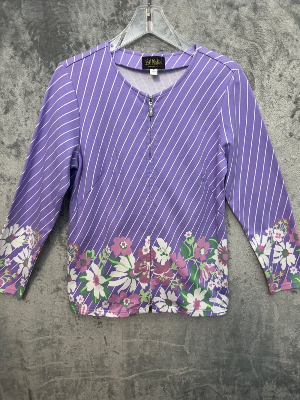 Bob Mackie Med Lavender Stripe Floral Zip-Front Top pockets